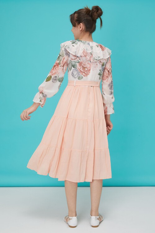 Somon Gül Desenli Boncuk İşlemeli Kuşaklı Kız Elbise 15126