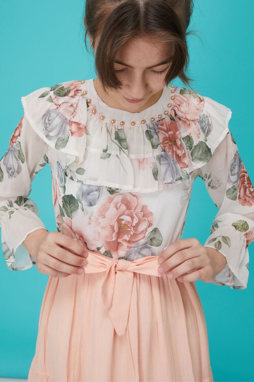 Somon Gül Desenli Boncuk İşlemeli Kuşaklı Kız Elbise 15126