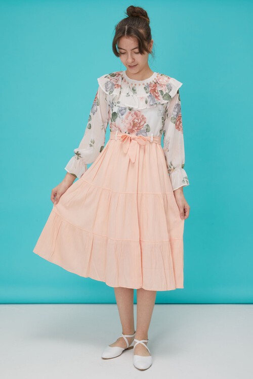 Somon Gül Desenli Boncuk İşlemeli Kuşaklı Kız Elbise 15126