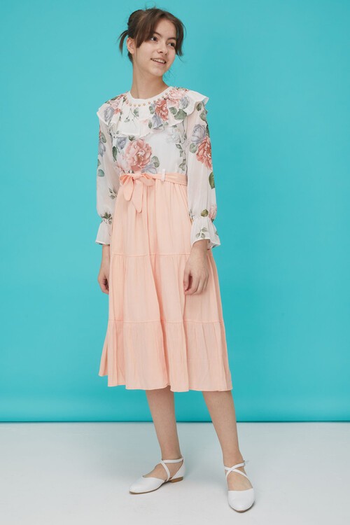 Somon Gül Desenli Boncuk İşlemeli Kuşaklı Kız Elbise 15126