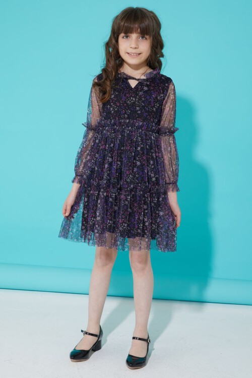 Tüllü Mor Çiçek Desenli Kız Elbise 15347
