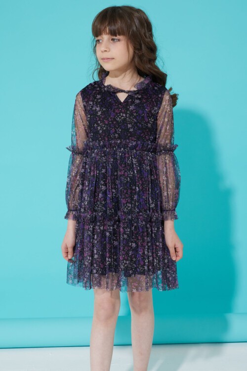 Tüllü Mor Çiçek Desenli Kız Elbise 15347