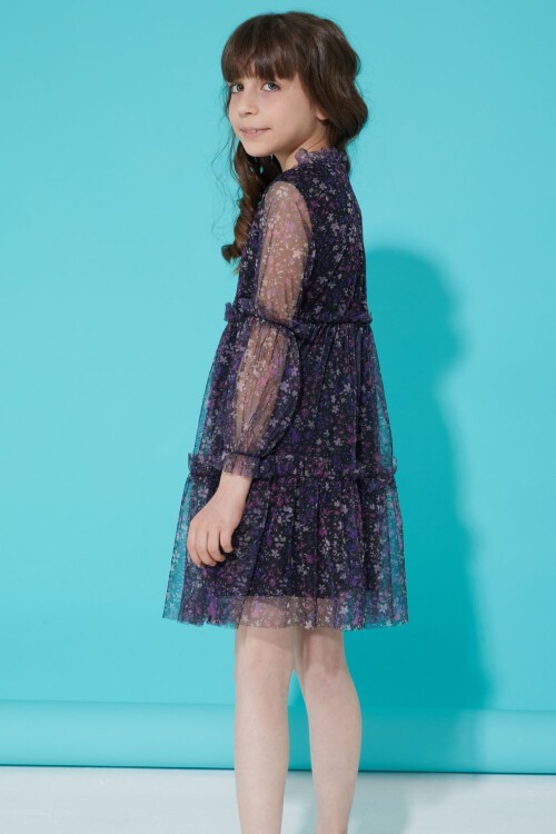 Tüllü Mor Çiçek Desenli Kız Elbise 15347