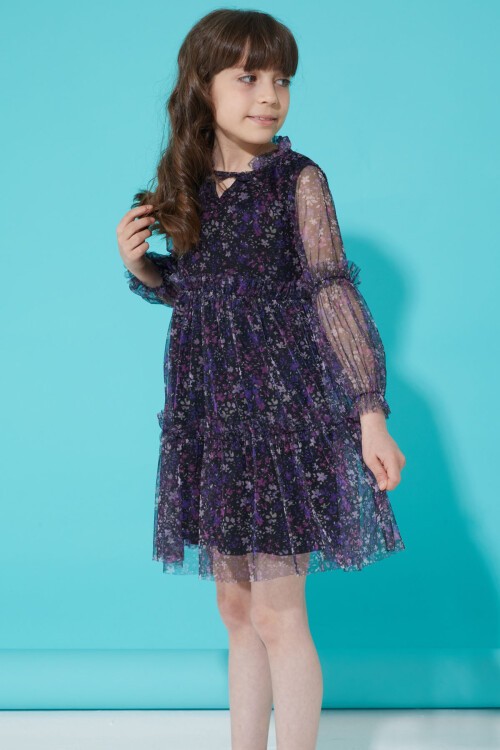 Tüllü Mor Çiçek Desenli Kız Elbise 15347
