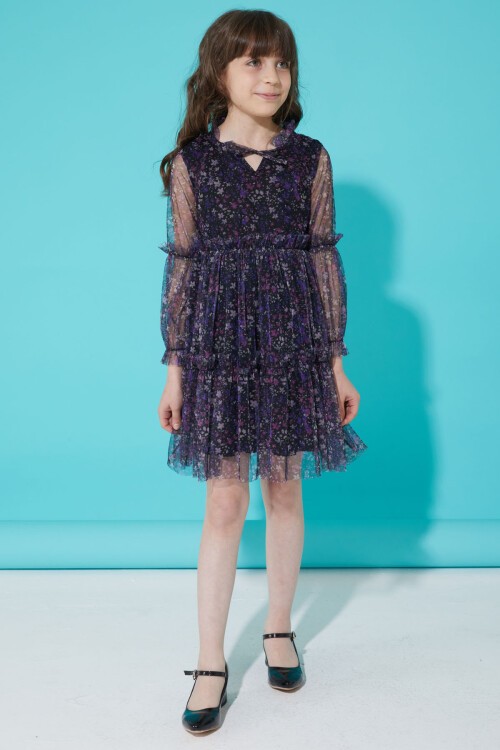 Tüllü Mor Çiçek Desenli Kız Elbise 15347