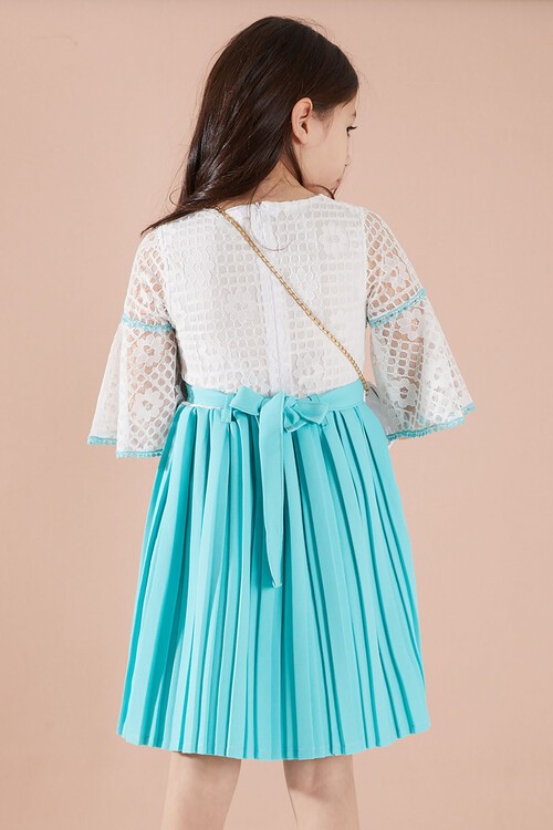 Turkuaz Dantelli Pileli Kız Çocuk Çanta ve Kemerli Elbise 15071
