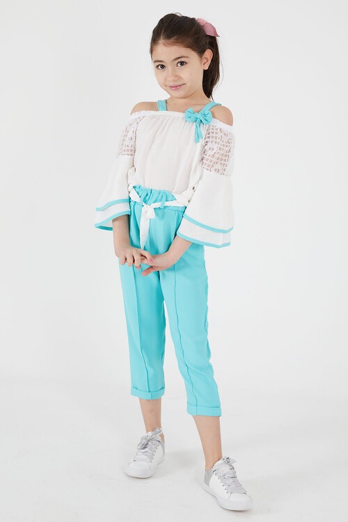 Turkuaz Fiyonklu Askılı Volanlı Kol Kız Çocuk Takım 15089