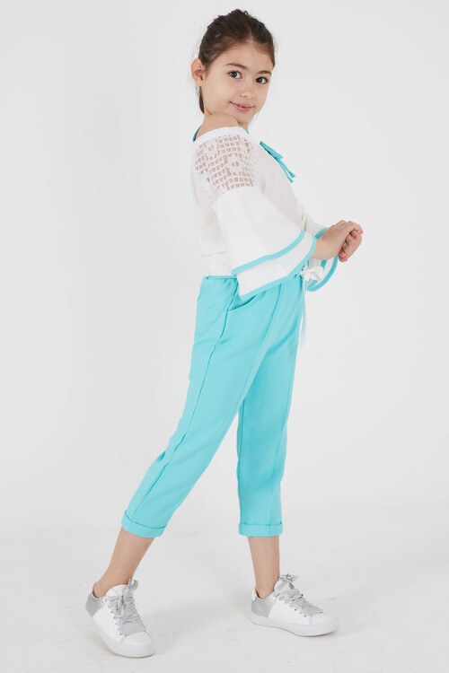 Turkuaz Fiyonklu Askılı Volanlı Kol Kız Çocuk Takım 15089