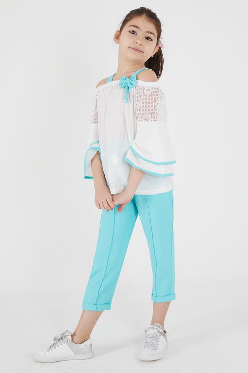 Turkuaz Fiyonklu Askılı Volanlı Kol Kız Çocuk Takım 15089