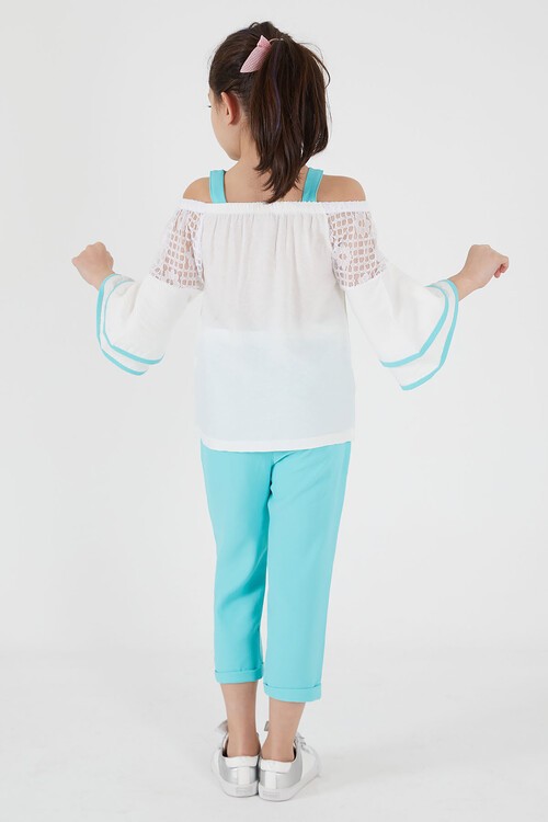 Turkuaz Fiyonklu Askılı Volanlı Kol Kız Çocuk Takım 15089