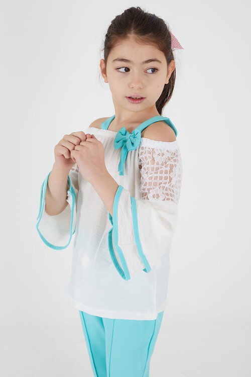 Turkuaz Fiyonklu Askılı Volanlı Kol Kız Çocuk Takım 15089