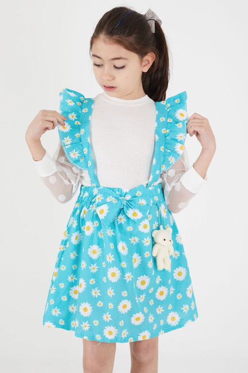 Turkuaz Papatya Desenli Tüllü Salopet Elbise Takımı 15053