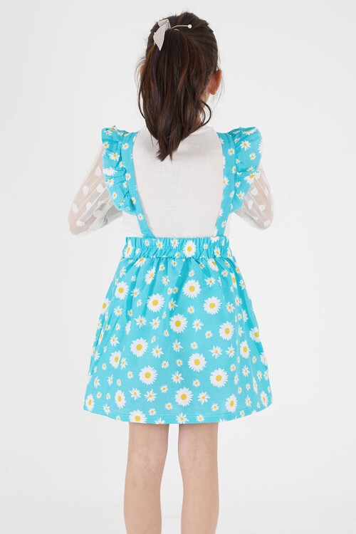 Turkuaz Papatya Desenli Tüllü Salopet Elbise Takımı 15053