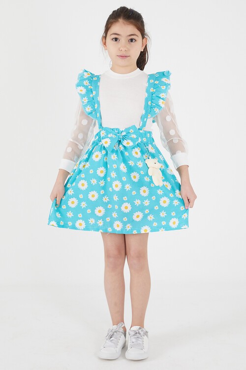 Turkuaz Papatya Desenli Tüllü Salopet Elbise Takımı 15053