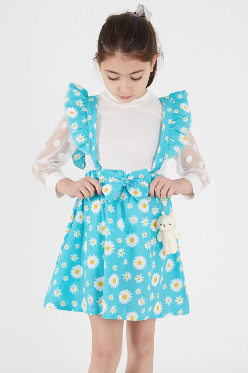 Turkuaz Papatya Desenli Tüllü Salopet Elbise Takımı 15053