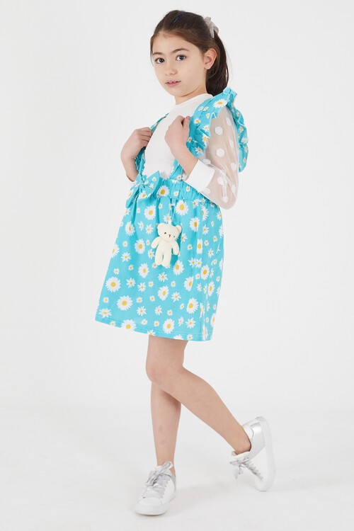 Turkuaz Papatya Desenli Tüllü Salopet Elbise Takımı 15053