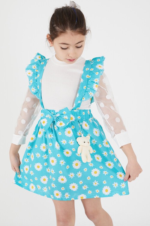 Turkuaz Papatya Desenli Tüllü Salopet Elbise Takımı 15053