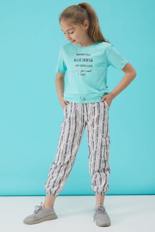Turkuaz Yazı Baskılı Kız Çocuk Alt Üst Takım 15162