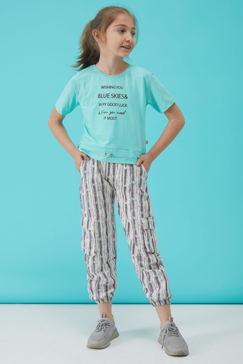 Turkuaz Yazı Baskılı Kız Çocuk Alt Üst Takım 15162