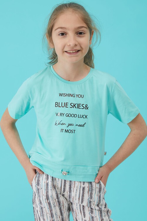 Turkuaz Yazı Baskılı Kız Çocuk Alt Üst Takım 15162