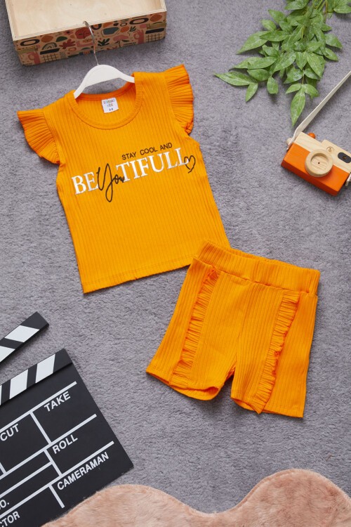 Turuncu Beautiful Yazılı Kız Çocuk Şortlu Takım 15352