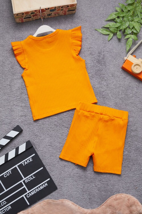 Turuncu Beautiful Yazılı Kız Çocuk Şortlu Takım 15352
