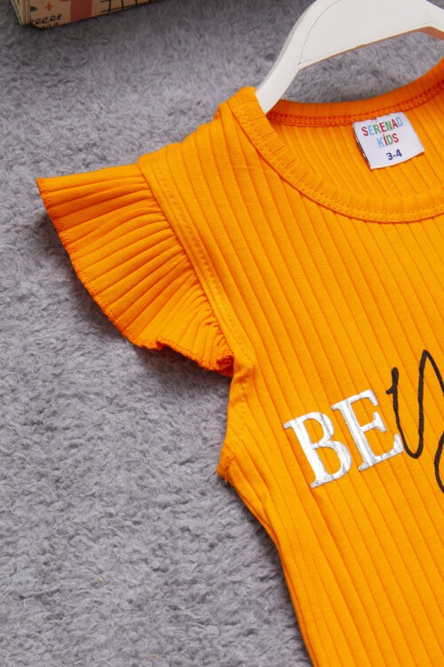 Turuncu Beautiful Yazılı Kız Çocuk Şortlu Takım 15352