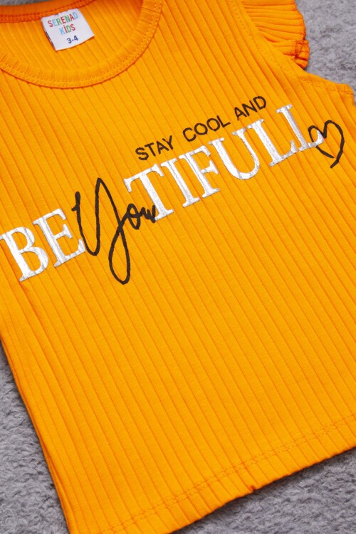 Turuncu Beautiful Yazılı Kız Çocuk Şortlu Takım 15352