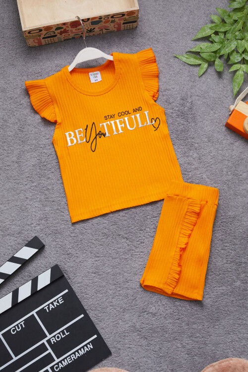 Turuncu Beautiful Yazılı Kız Çocuk Şortlu Takım 15352