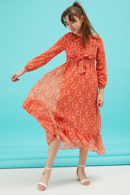 Turuncu Çiçek Desenli Fırfırlı Kız Çocuk Şifon Elbise 15212