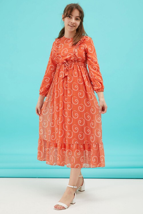 Turuncu Çiçek Desenli Fırfırlı Kız Çocuk Şifon Elbise 15212