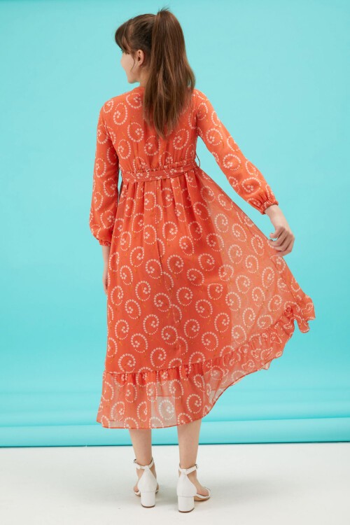 Turuncu Çiçek Desenli Fırfırlı Kız Çocuk Şifon Elbise 15212