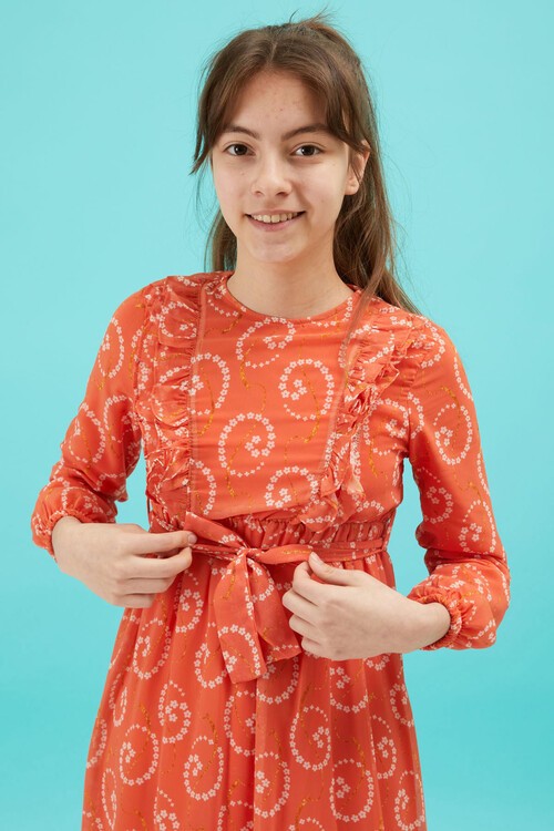 Turuncu Çiçek Desenli Fırfırlı Kız Çocuk Şifon Elbise 15212