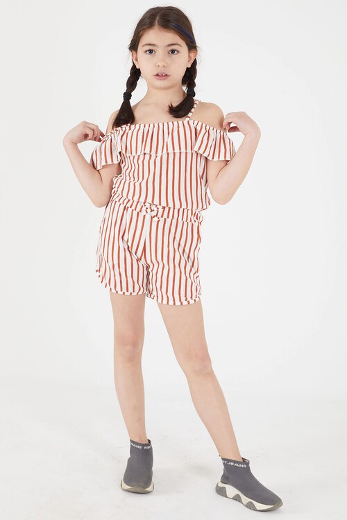 Turuncu Çizgi Desenli Askılı Şortlu Kız Çocuk Tulum 15106