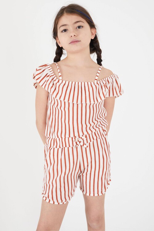 Turuncu Çizgi Desenli Askılı Şortlu Kız Çocuk Tulum 15106