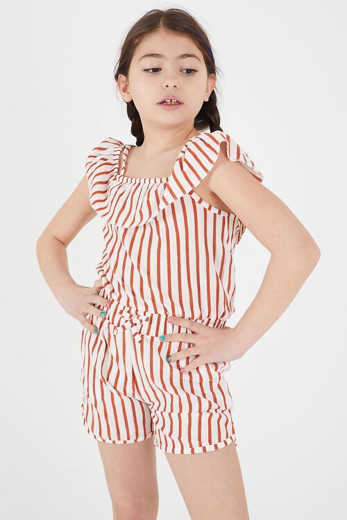 Turuncu Çizgi Desenli Askılı Şortlu Kız Çocuk Tulum 15106