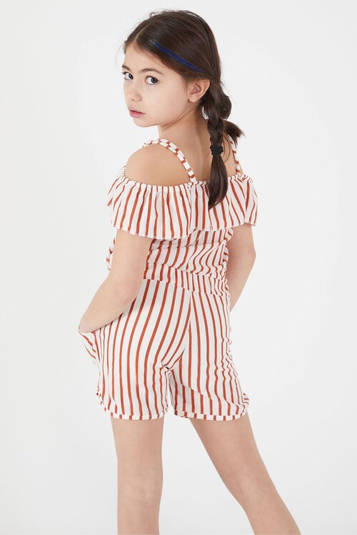 Turuncu Çizgi Desenli Askılı Şortlu Kız Çocuk Tulum 15106