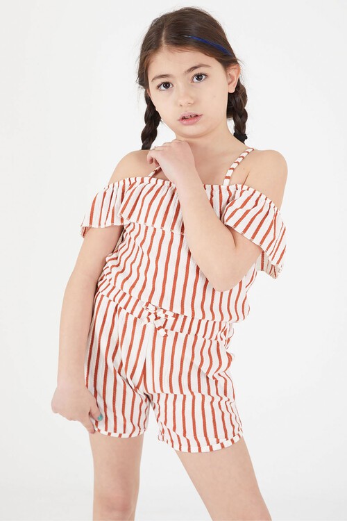 Turuncu Çizgi Desenli Askılı Şortlu Kız Çocuk Tulum 15106