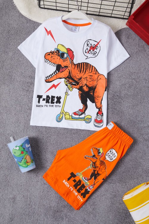 Turuncu Dinozor Baskılı Şortlu Erkek Çocuk Takım 15281