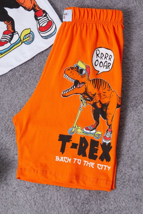 Turuncu Dinozor Baskılı Şortlu Erkek Çocuk Takım 15281