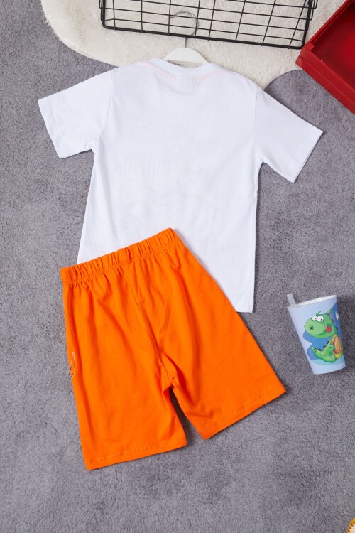 Turuncu Dinozor Baskılı Şortlu Erkek Çocuk Takım 15281