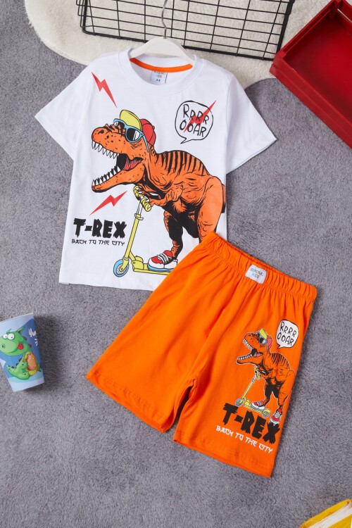 Turuncu Dinozor Baskılı Şortlu Erkek Çocuk Takım 15281