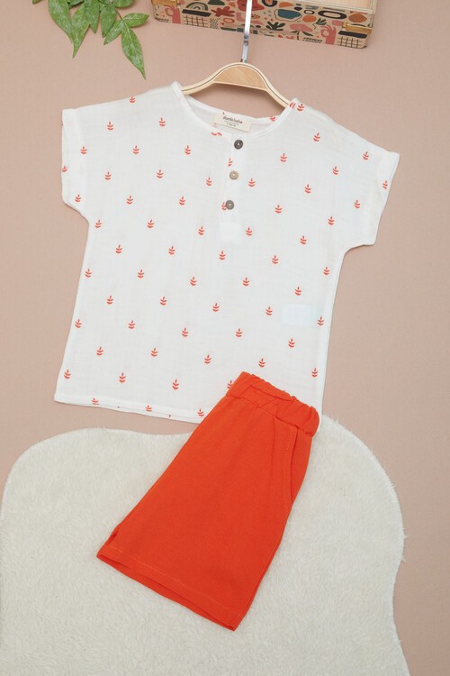 Turuncu Erkek Bebek Desenli Gömlekli Şortlu Takım 15137
