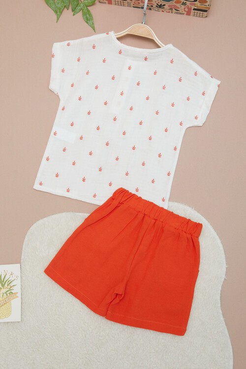 Turuncu Erkek Bebek Desenli Gömlekli Şortlu Takım 15137