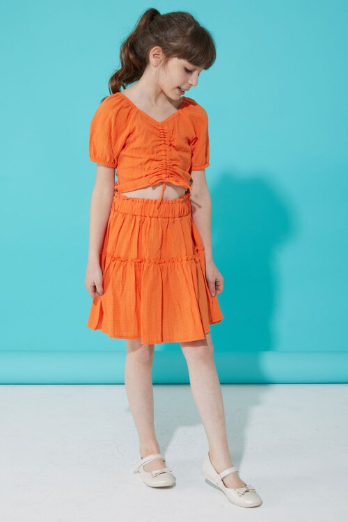 Turuncu Etekli Askılı Bluzlu Kız Çocuk Takım 15343