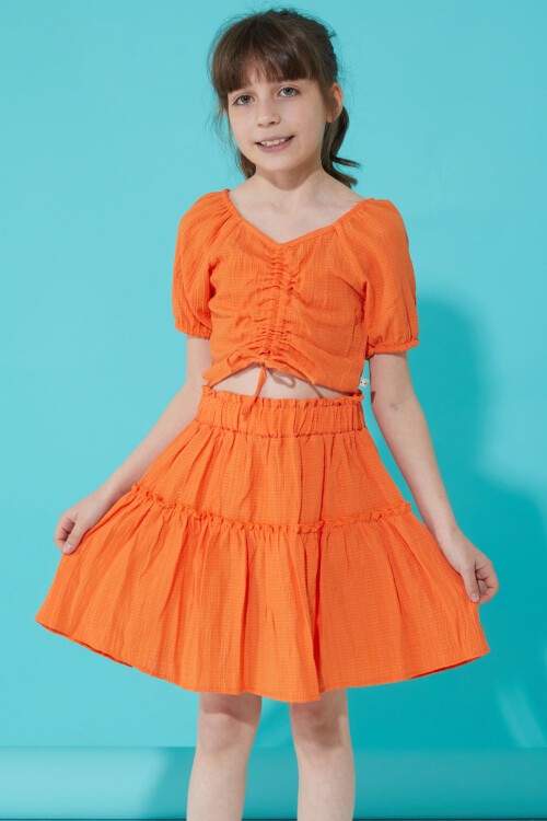 Turuncu Etekli Askılı Bluzlu Kız Çocuk Takım 15343