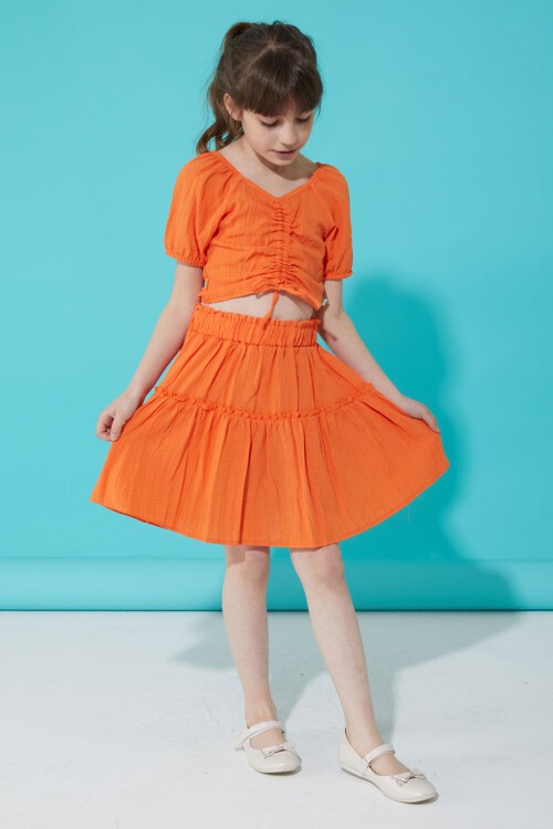 Turuncu Etekli Askılı Bluzlu Kız Çocuk Takım 15343