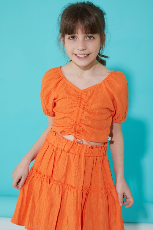 Turuncu Etekli Askılı Bluzlu Kız Çocuk Takım 15343