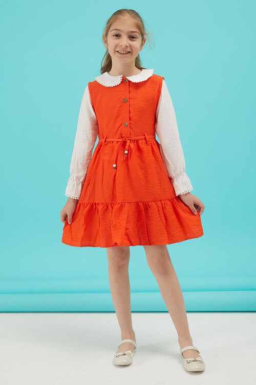 Turuncu Kız Çocuk Kuşaklı Dantel Yaka Elbise 15175