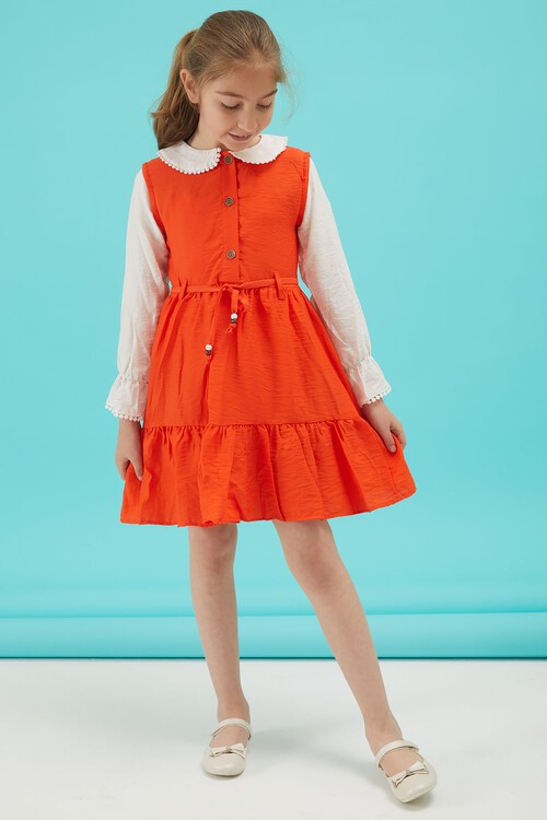 Turuncu Kız Çocuk Kuşaklı Dantel Yaka Elbise 15175